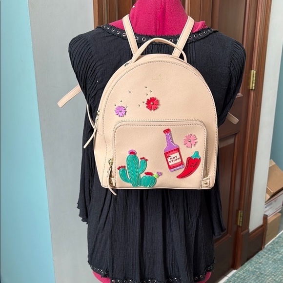 Kate Spade  jalapeño cactus appliqué backpack  Saffiano Leather beige red purple main image 6